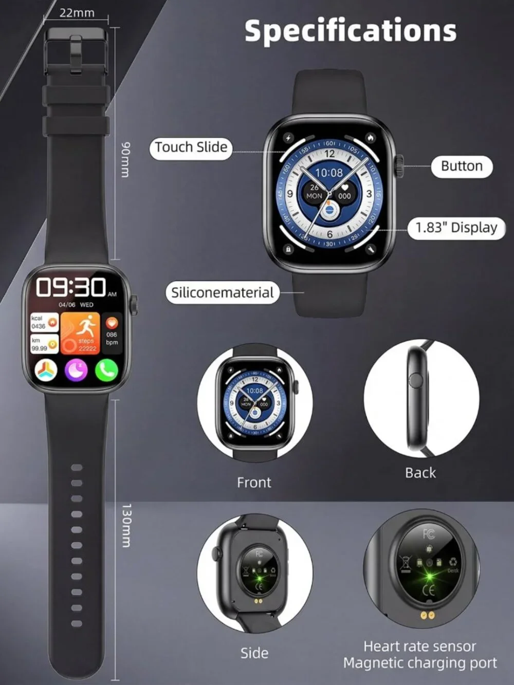 Stylish Smartwatch for Fitness & Sleep Tracking, 1.83” Touchscreen, Waterproof